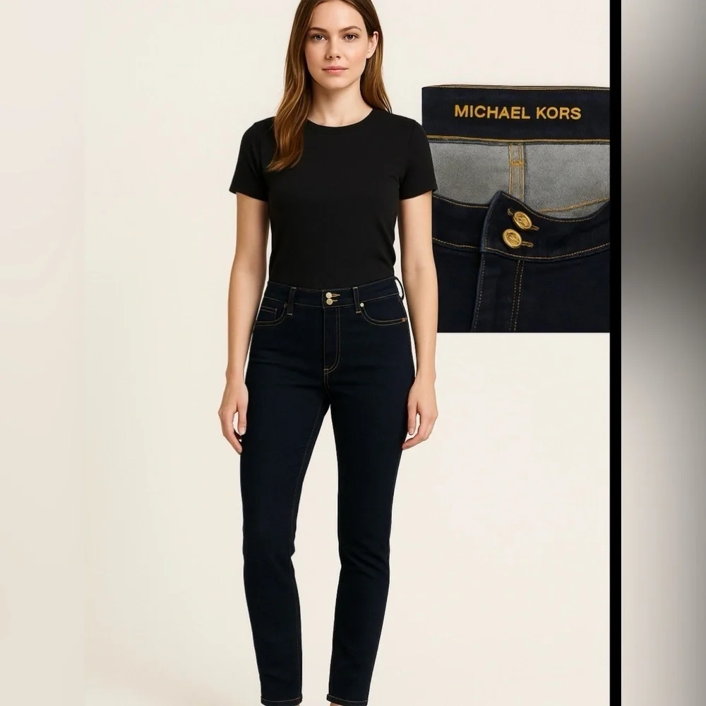 Michael Kors Dark Wash Skinny Jeans Gold Buttons Stretch